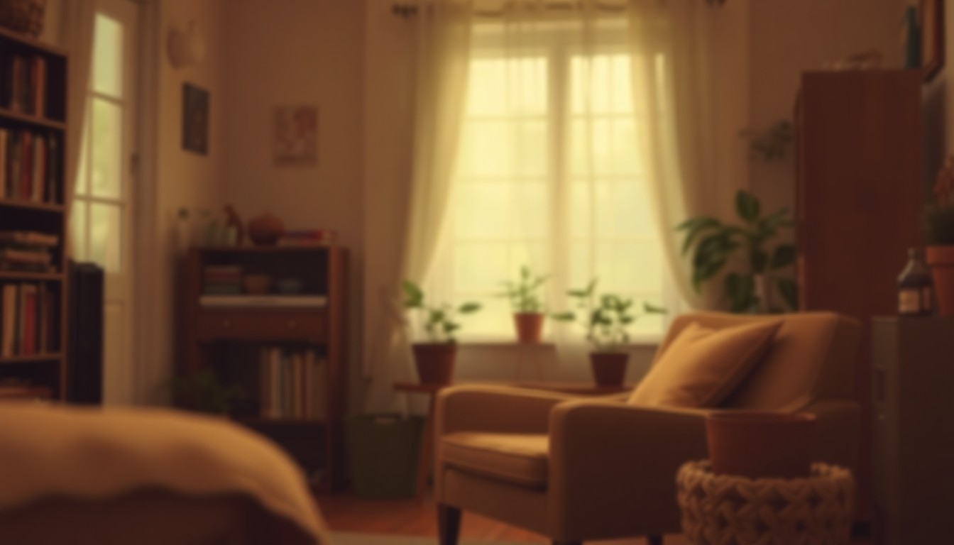 An abstract, out-of-focus photograph in warm, muted tones depicting a cozy, intimate domestic scene, conceptually representing the nostalgic legacy of a beloved community member.