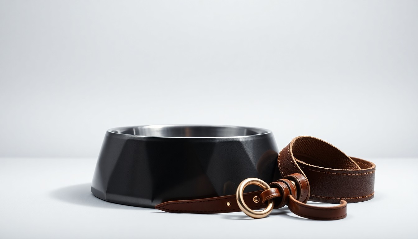 A minimalist studio still life photograph featuring a polished metal dog bowl and a worn leather leash, conceptually representing the closure of a long-running veterinary clinic.