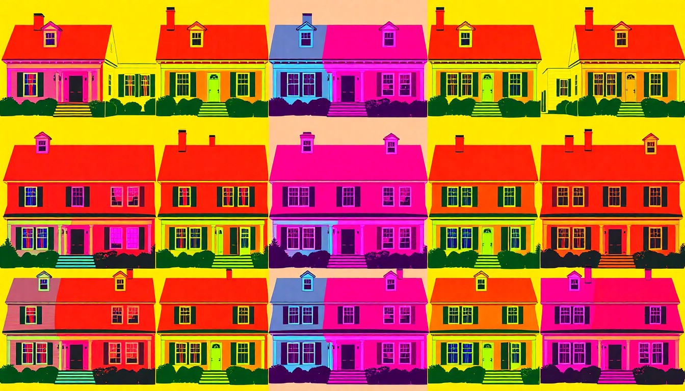 A highly stylized, silkscreen-inspired illustration featuring a repeated pattern of a classic colonial-style home exterior rendered in bold, neon-tinged colors and heavy black outlines, conceptually representing the fusion of traditional architecture and modern design.