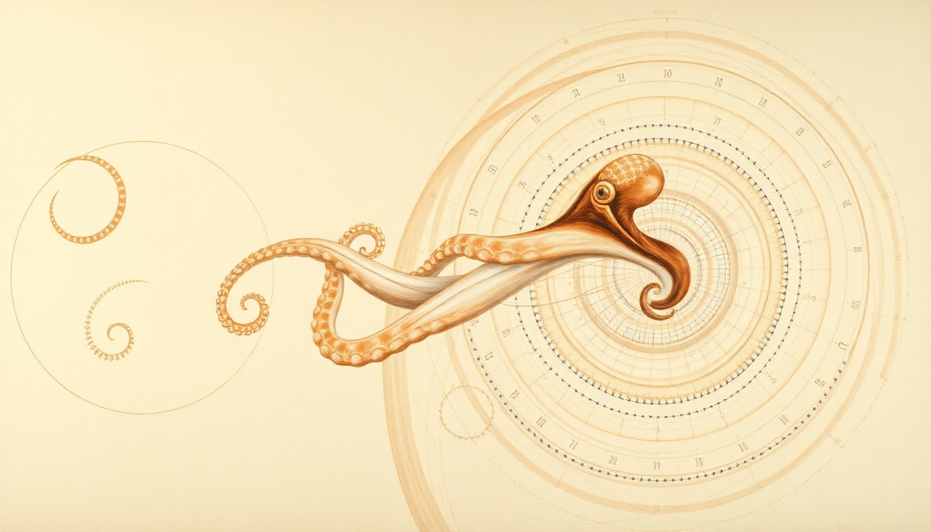 An abstract, geometric illustration in muted earth tones, featuring sweeping arcs, concentric circles, and precise spirals, representing the complex evolutionary connections between different cephalopod species.