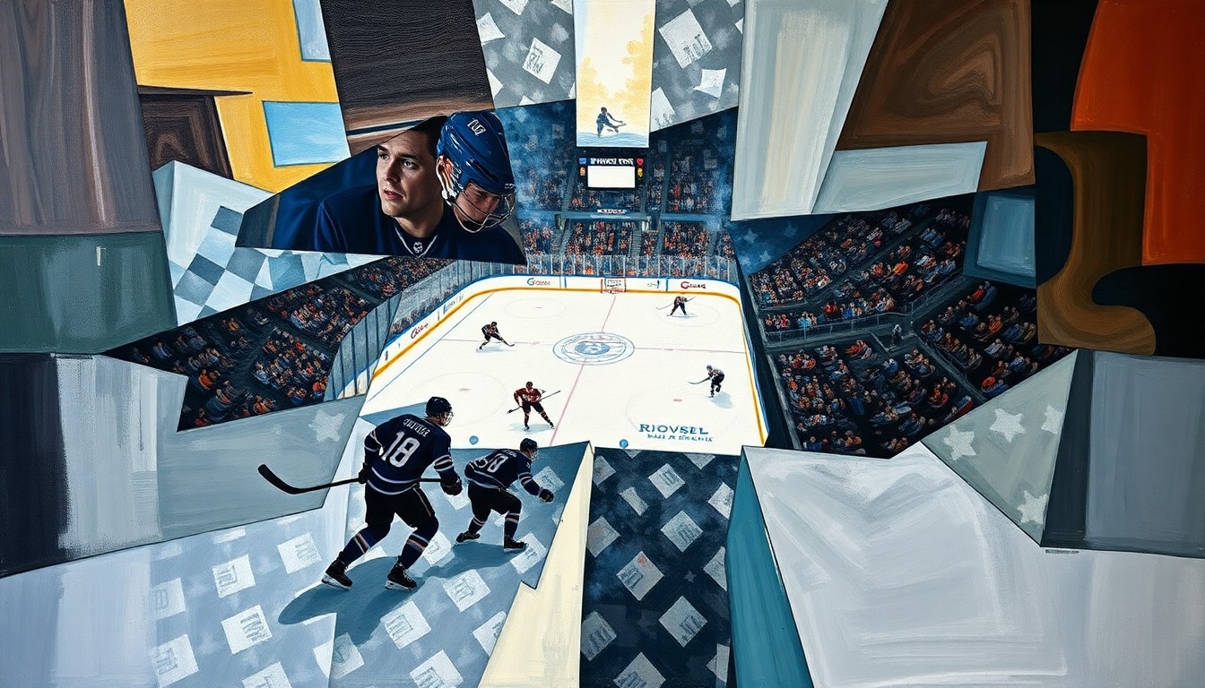 A cubist, geometric painting depicting the chaotic action and movement of a hockey game, with players and the puck fragmented into sharp, overlapping shapes and planes of color.