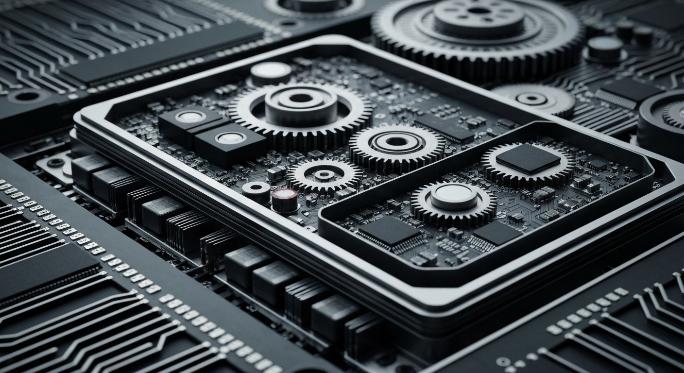 A cinematic close-up of the intricate inner workings of an Intel computer processor, conveying the complex, powerful nature of modern semiconductor technology.