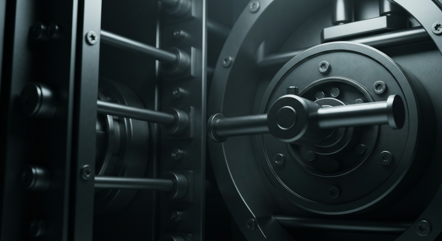 An extreme close-up of the intricate, metallic gears and levers of a large bank vault, conveying a sense of the secure, industrial nature of modern banking infrastructure.