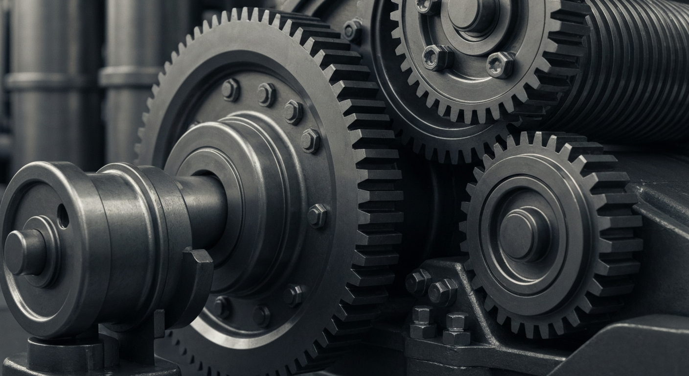 An extreme close-up of gleaming, intricate industrial machinery and gears, conveying the physical and financial might of the oil and gas industry.