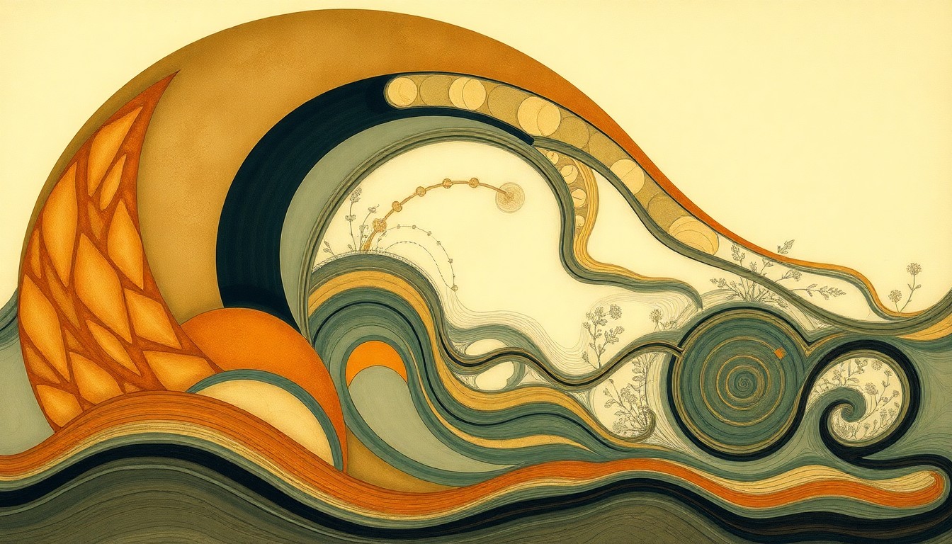 A highly textured, abstract painting in soft greens, blues, and browns, featuring sweeping geometric arcs, intersecting waveforms, and precise botanical spirals, conceptually representing the complex natural forces and structures of a river ecosystem.