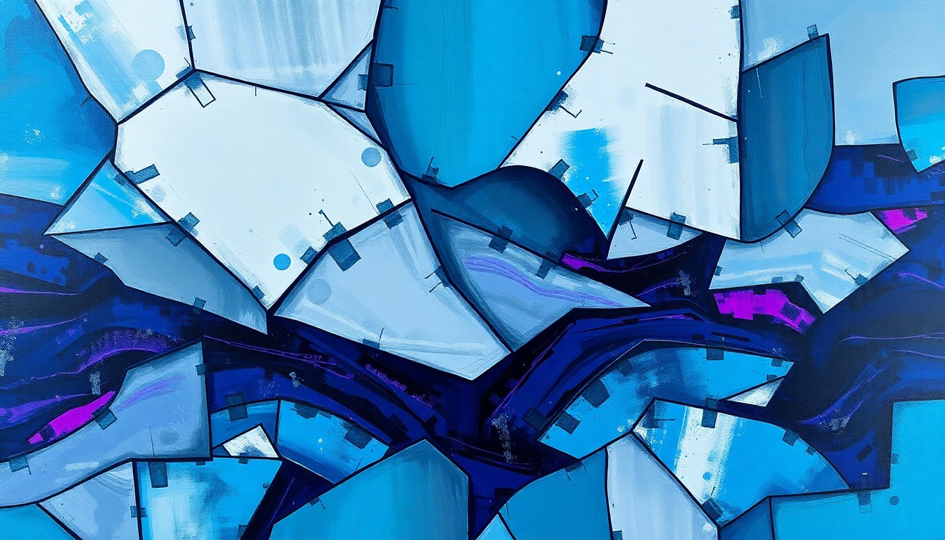 An abstract, expressionistic painting featuring overlapping, fragmented geometric shapes and waves of vibrant blue, gray, and purple hues, conveying the energy and motion of underground transportation infrastructure.