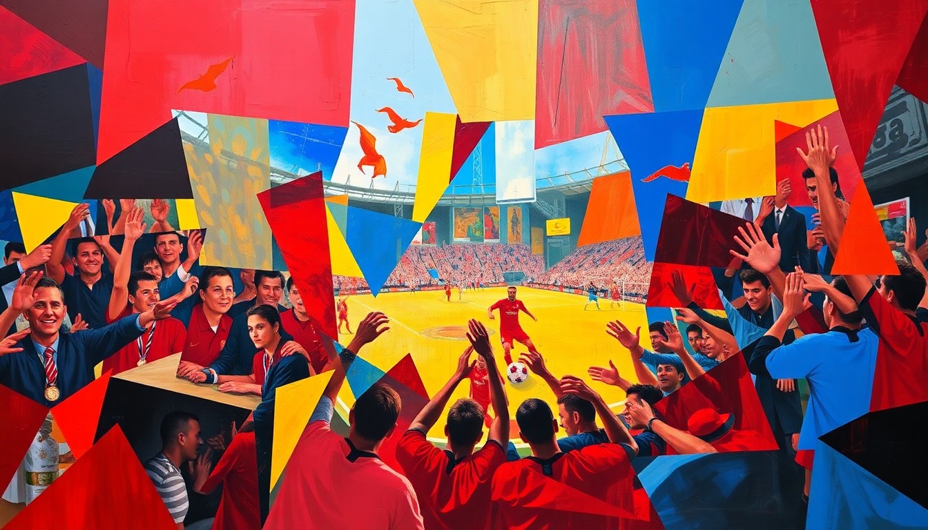 A fragmented, geometric painting in bold primary colors depicting the dynamic action and spirit of a soccer match or celebration, with no recognizable figures or text.