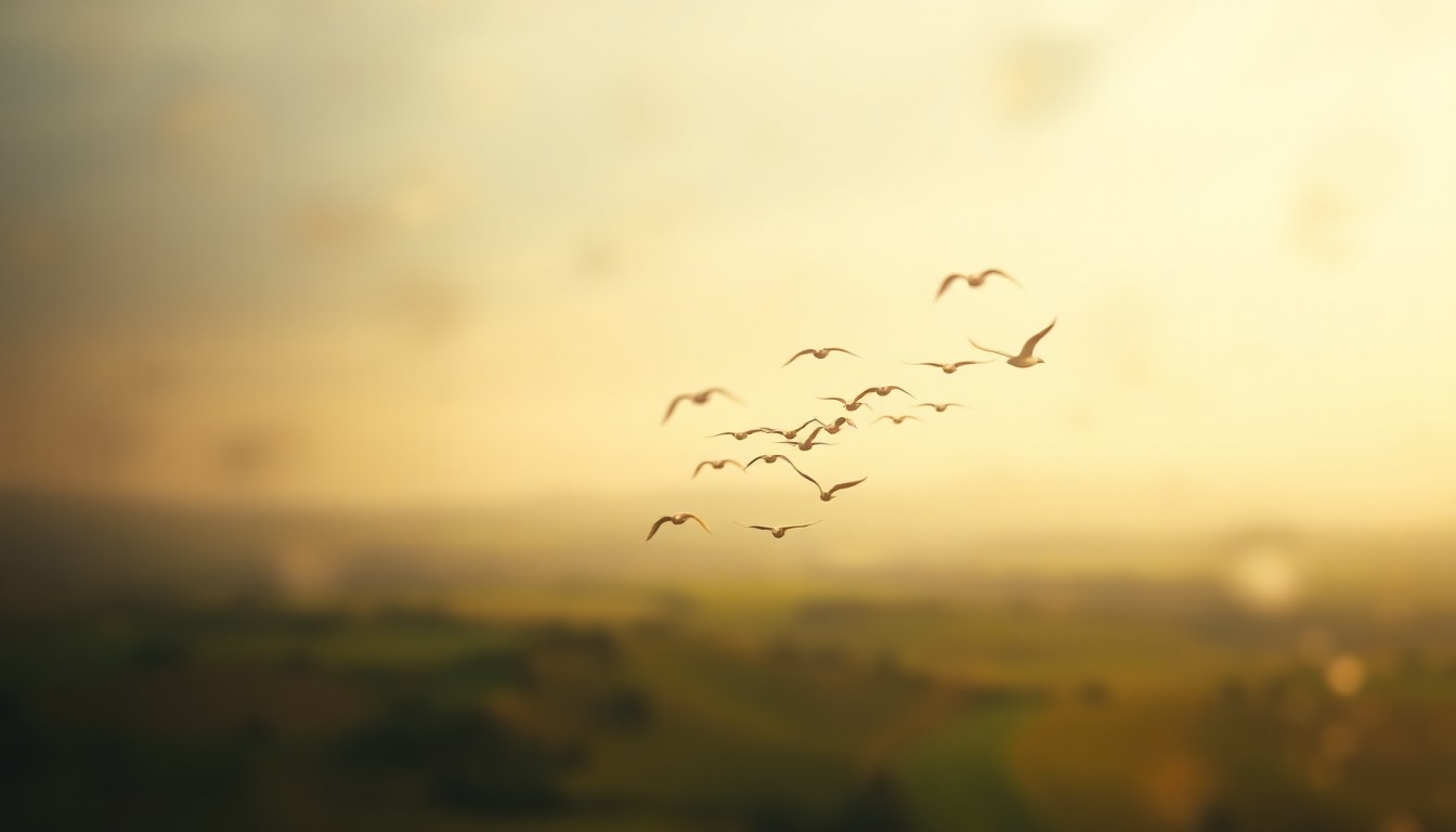 An abstract, impressionistic scene of blurred, colorful shapes representing a flock of birds in flight over a verdant landscape, conveying the tranquil, immersive experience of the guided bird walks.