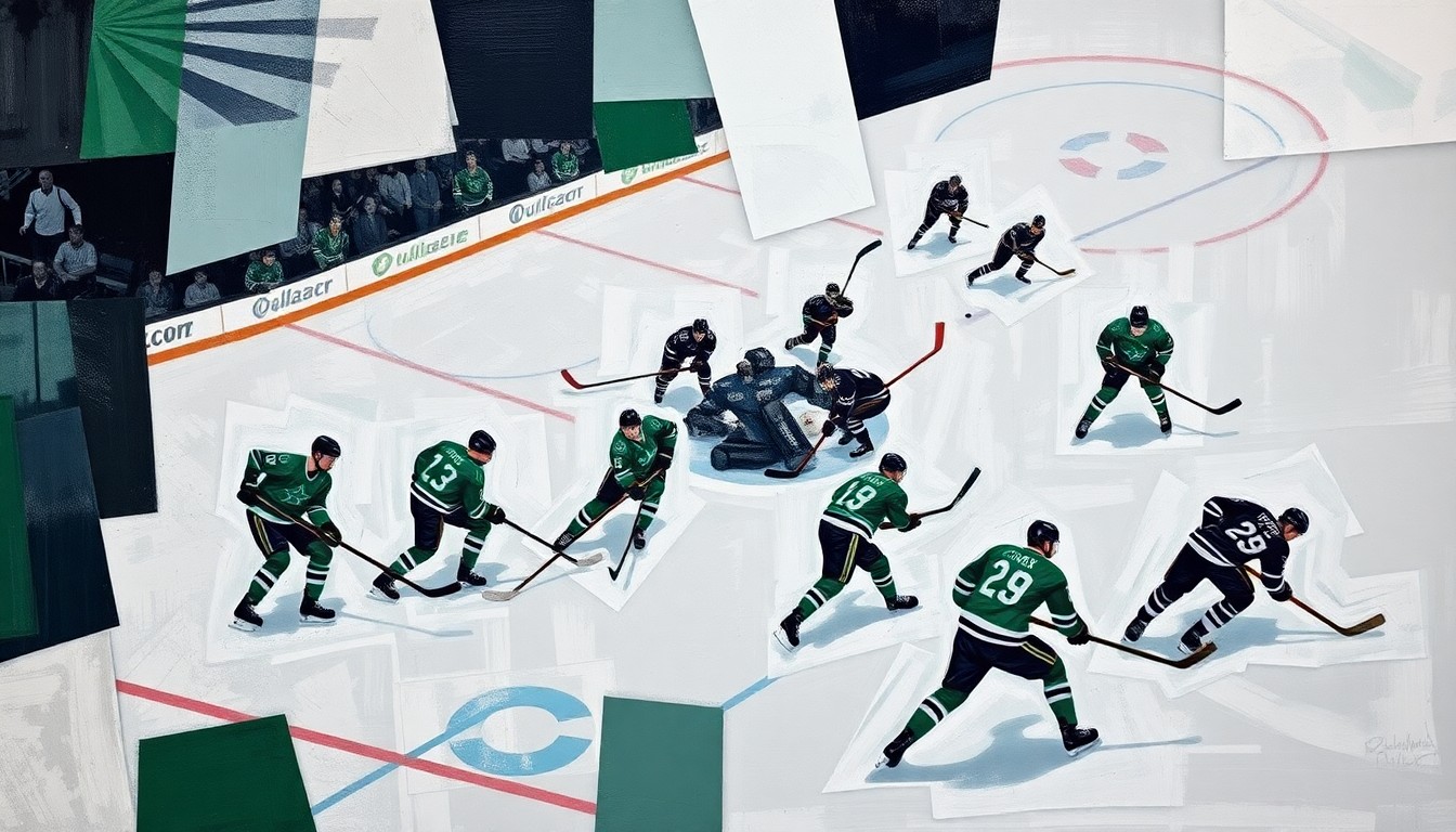 A cubist, geometric painting depicting the fragmented movements and perspectives of a Dallas Stars hockey game, with sharp planes of ice, sticks, pucks, and players' bodies in motion.