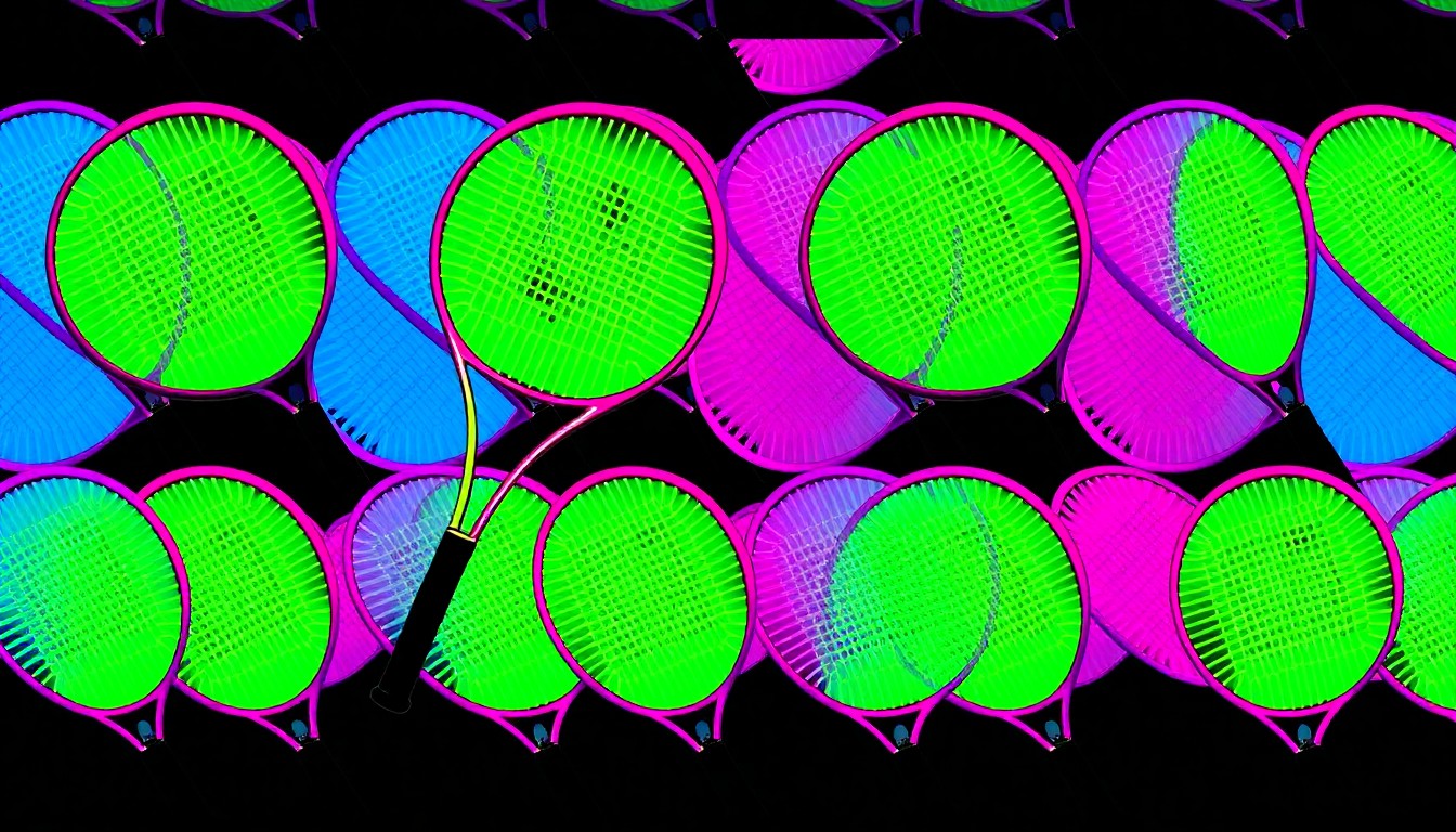 A bold, colorful silkscreen print featuring a repeated pattern of a vibrant tennis racket, conceptually representing the expansion and modernization of a community sports and learning center.