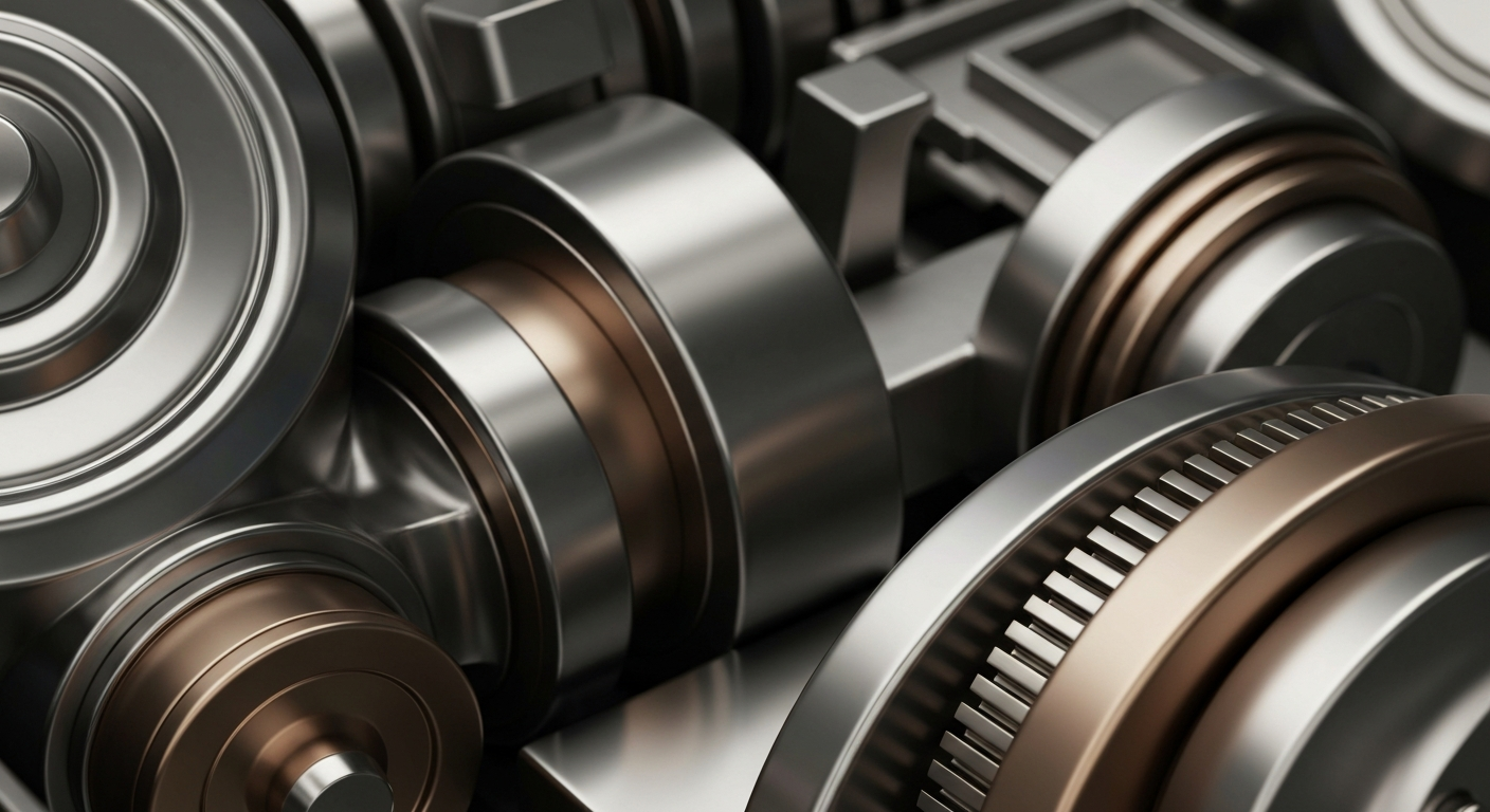 An extreme close-up of highly detailed, industrial banking machinery and components in a dramatic, cinematic composition, conveying a sense of institutional financial power and security without using literal currency or charts.