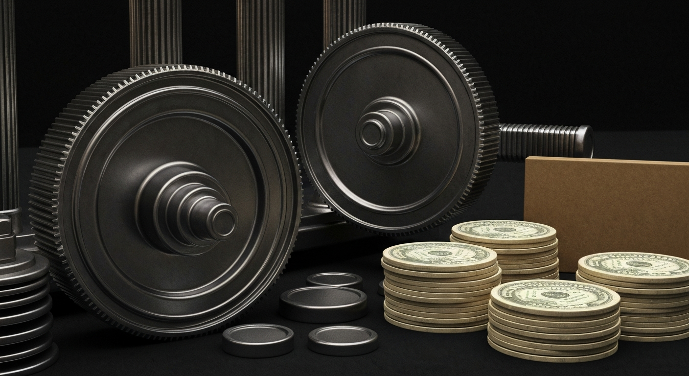 An extreme close-up of a series of interlocking gears, levers, and metal components, representing the intricate workings of the financial industry in a high-contrast, industrial style.