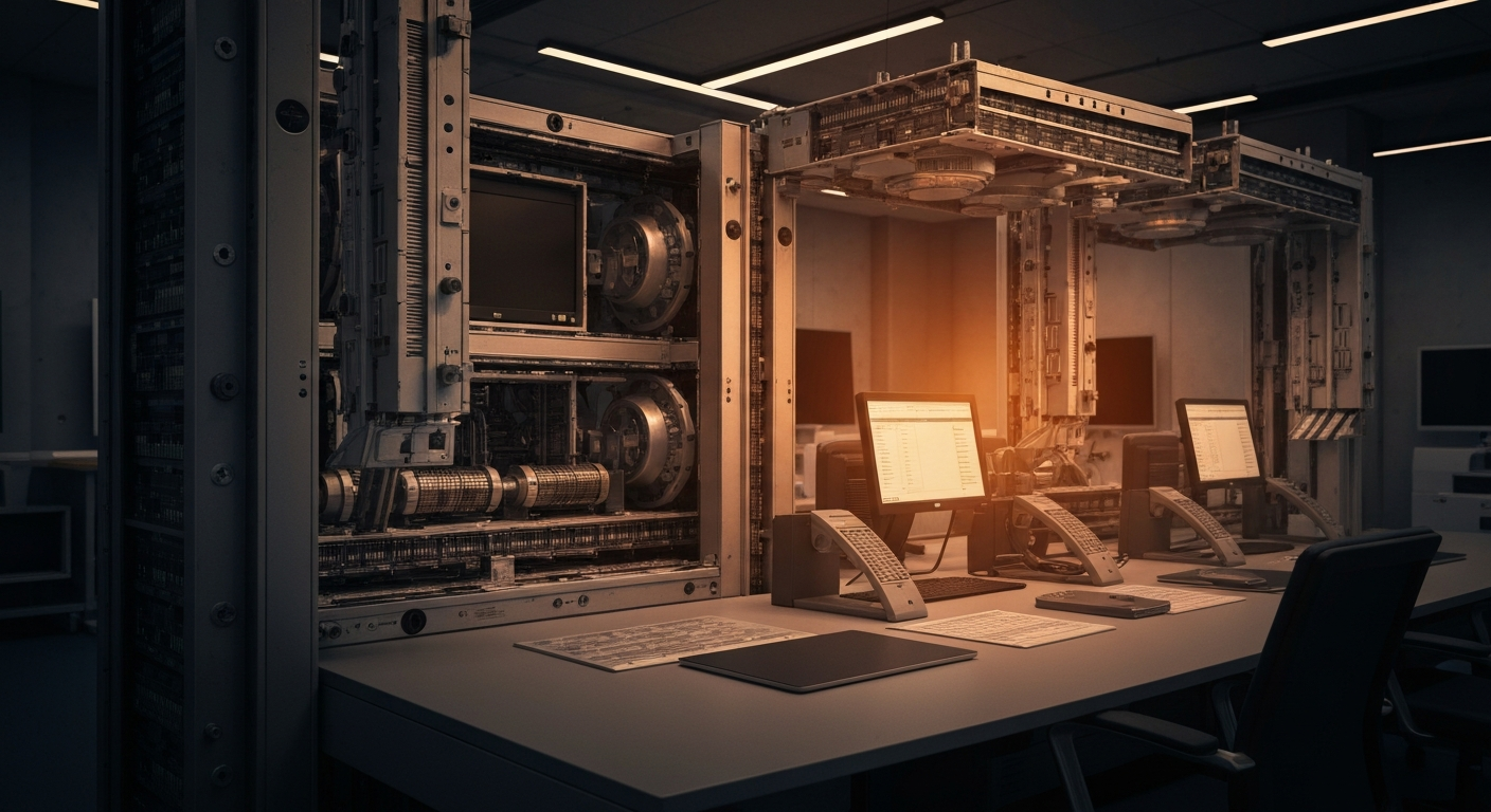 An extreme close-up of gears, levers, and other heavy industrial banking equipment, conveying the complex, powerful, and impersonal nature of modern finance without using any literal financial symbols or text.