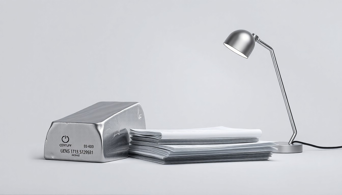 A high-end, photorealistic studio still-life photograph featuring a polished aluminum ingot, a stack of financial documents, and a sleek, modern desk lamp against a clean, monochromatic background, symbolizing the industrial manufacturing, financial strategy, and technological innovation at the heart of Century Aluminum's business.
