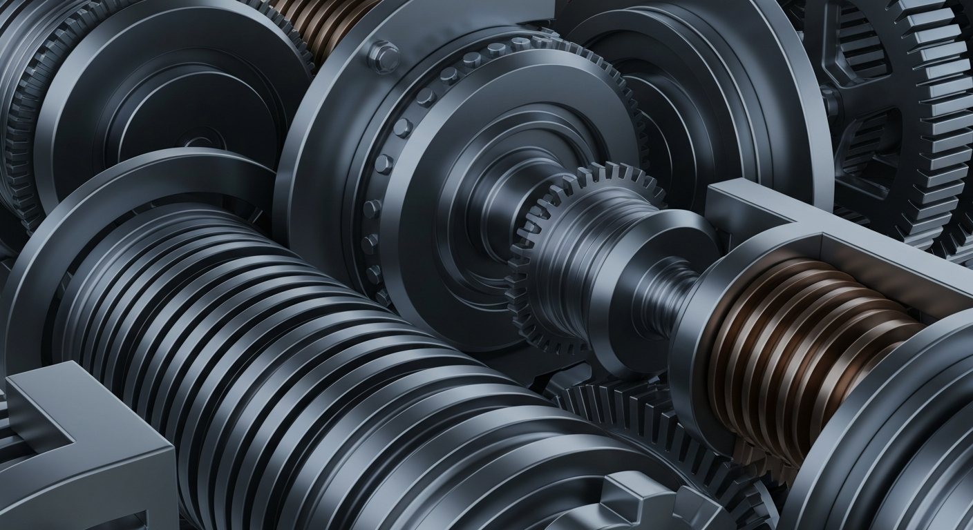 A highly detailed, cinematic close-up image of heavy, polished banking machinery and gears in shades of gunmetal grey, bronze, and steel blue, conceptually representing the secure infrastructure and institutional power of the financial sector.