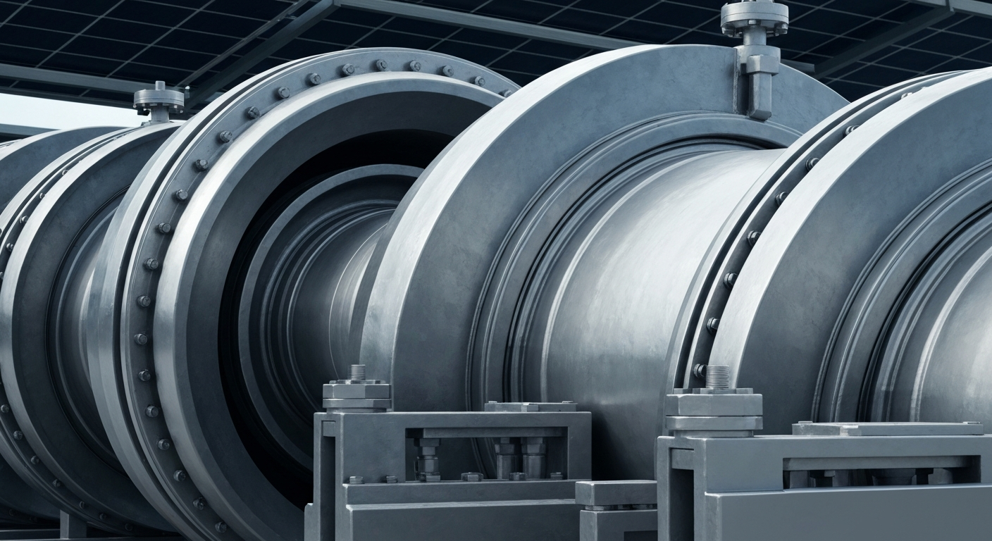 A close-up image of heavy, industrial machinery and equipment used in renewable energy infrastructure, conveying a sense of power, scale, and technological sophistication without any text or identifiable branding.