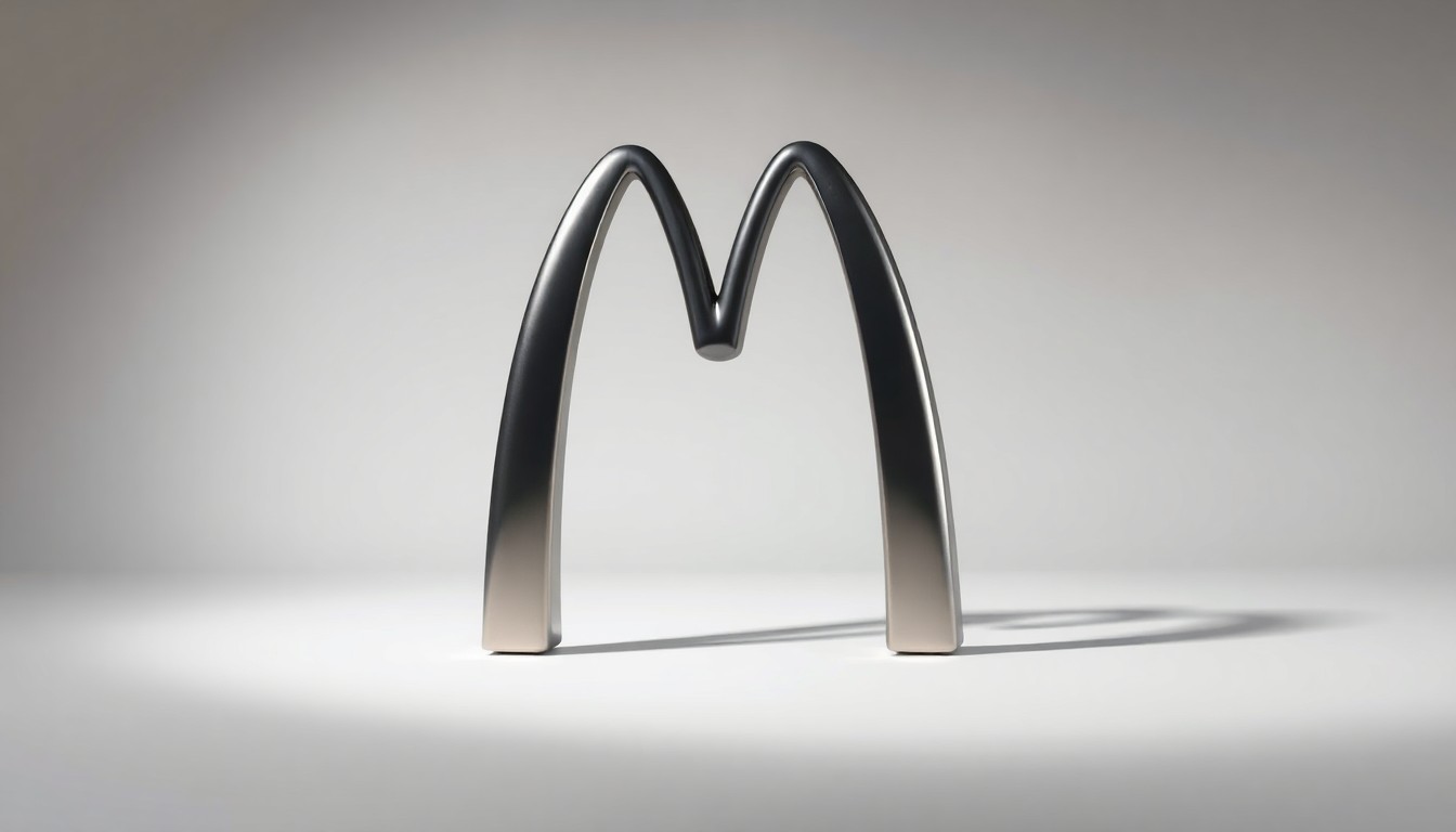 A polished, geometric metal sculpture in the shape of the McDonald's golden arches, resting on a clean, monochromatic background and dramatically lit to represent the abstract corporate strategy of the fast-food chain.