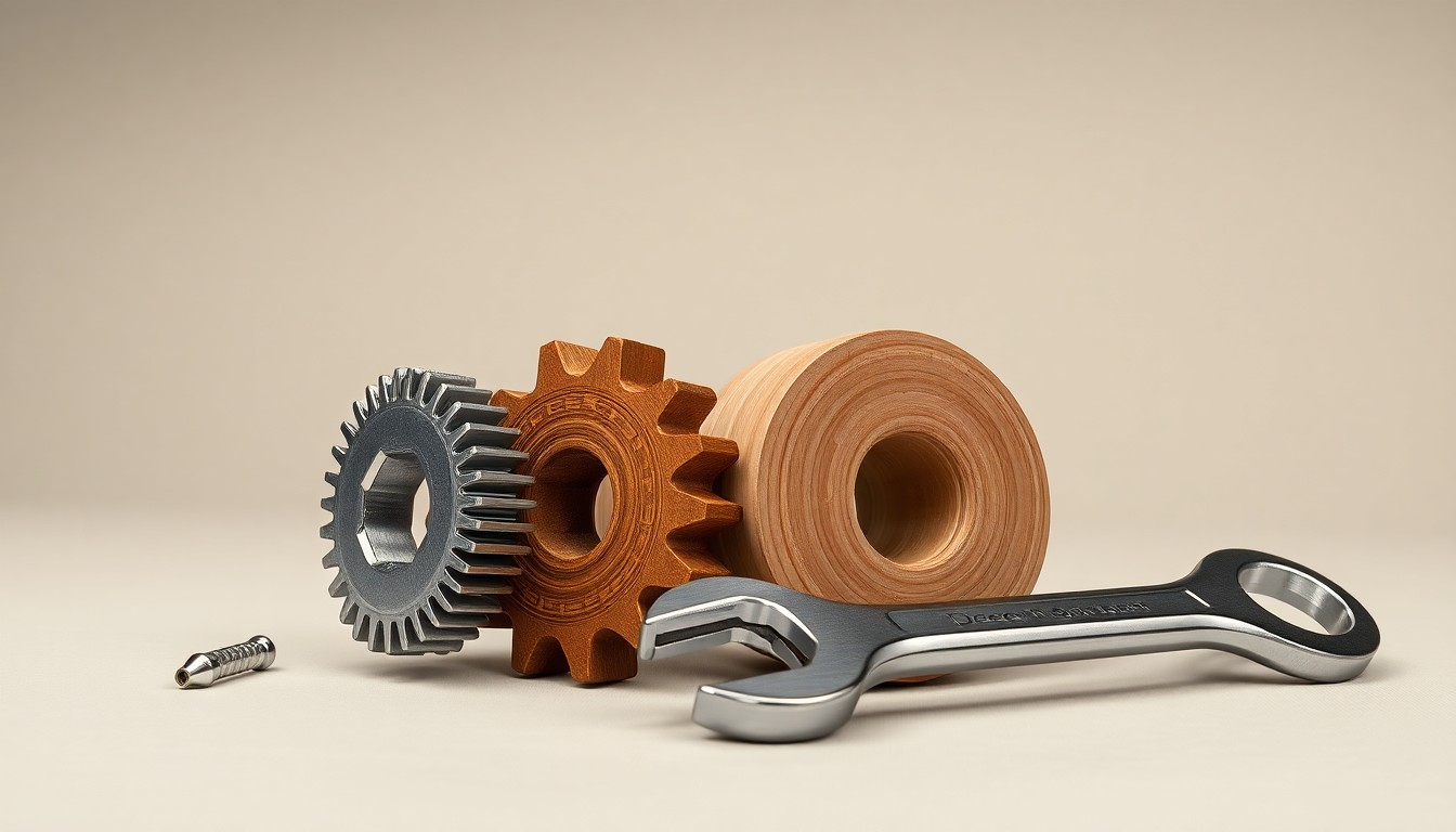 A high-end, photorealistic studio still-life photograph featuring a polished metal gear, a smooth wooden gear, and a gleaming chrome wrench arranged elegantly on a clean, monochromatic seamless background, conceptually representing the precision engineering and industrial prowess of Deere & Company.