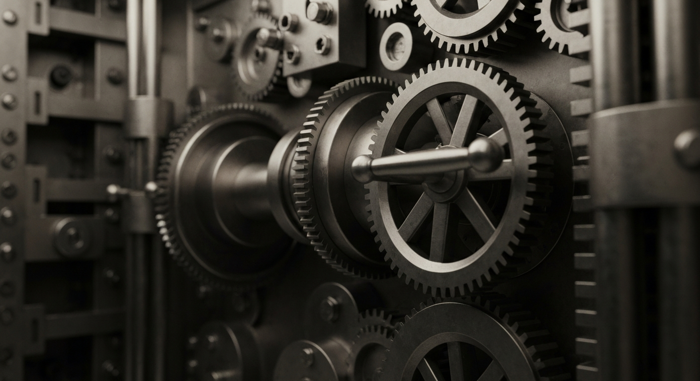 A highly detailed, black-and-white close-up image of the inner mechanisms of a bank vault, conveying a sense of the physical, industrial nature of financial security and stability.
