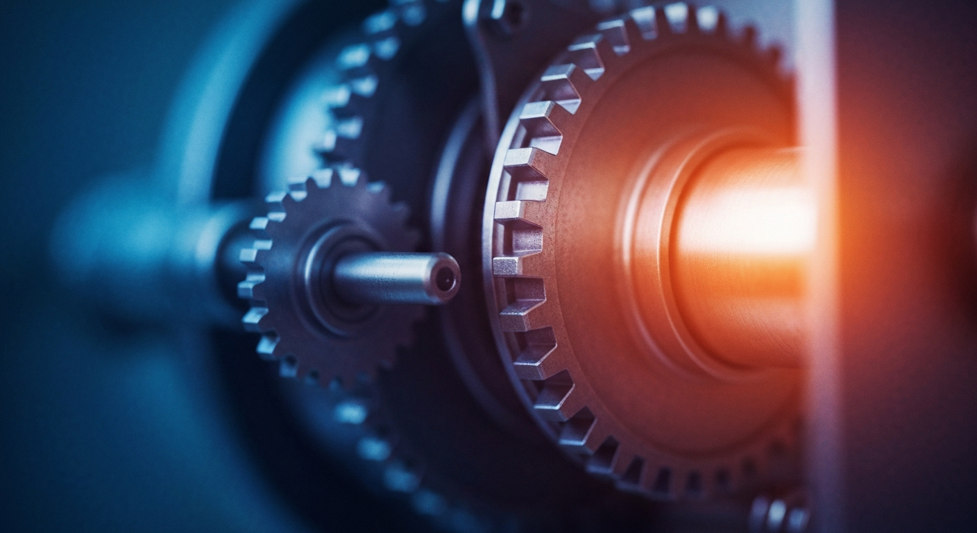 An extreme close-up of intricately designed gears and mechanical components, representing the inner workings of the semiconductor industry without any text or identifiable branding.