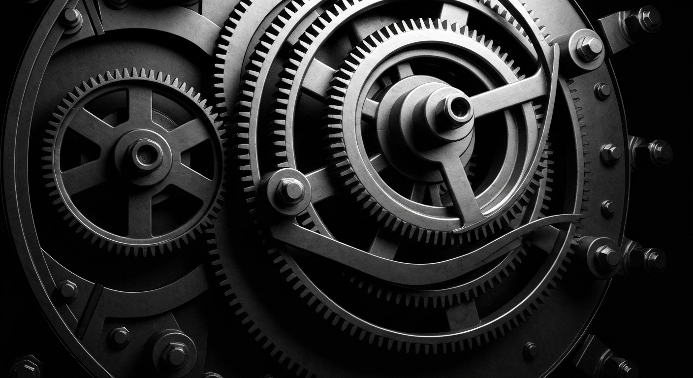 A high-contrast, cinematic close-up of the heavy, industrial gears and mechanisms that make up the secure vault of a major bank, representing the tangible financial infrastructure that underpins the banking industry.