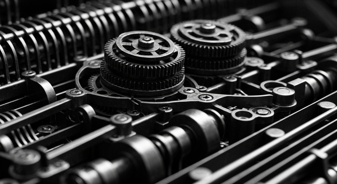 A high-contrast black and white close-up image of the complex inner workings of a financial data processing machine, representing the unseen technological backbone that powers Intuit's suite of financial management tools.