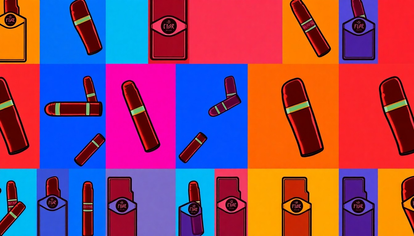 A bold, graphic illustration in the style of Andy Warhol's pop art, featuring a repeated pattern of a single, iconic cigar product in a grid of vibrant, neon-like colors and heavy black outlines, capturing the fusion of premium cigars and local community culture.