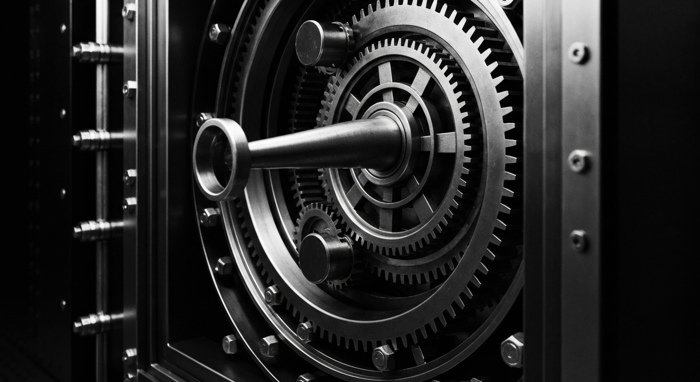 An extreme close-up of the complex inner workings of a heavy industrial banking vault, captured in high contrast black and white photography to convey a sense of institutional power and financial security.