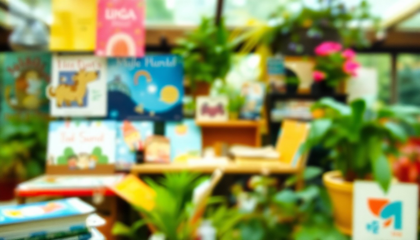 An abstract, out-of-focus scene of blurred shapes and colors representing children's books, art supplies, and the lush greenery of the Denver Botanic Gardens, conveying a sense of imagination and wonder.