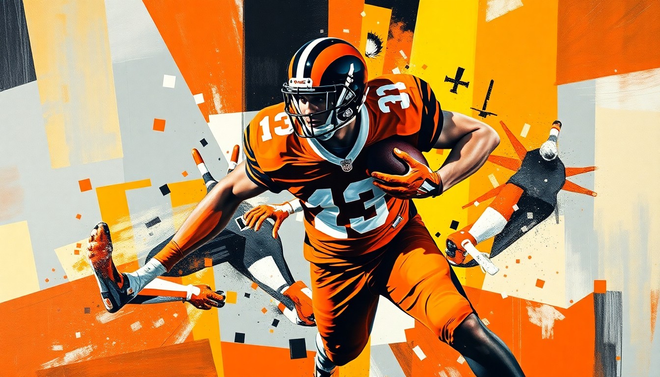 A cubist, geometric painting depicting the fractured, multi-angled motion of a college football player, rendered in the team colors of orange and black.