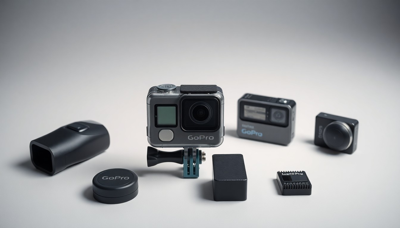 A minimalist, photorealistic studio still-life photograph featuring a sleek GoPro camera and accessories arranged elegantly on a clean, monochromatic background, conceptually representing the abstract corporate strategy behind the company's cost-cutting measures.