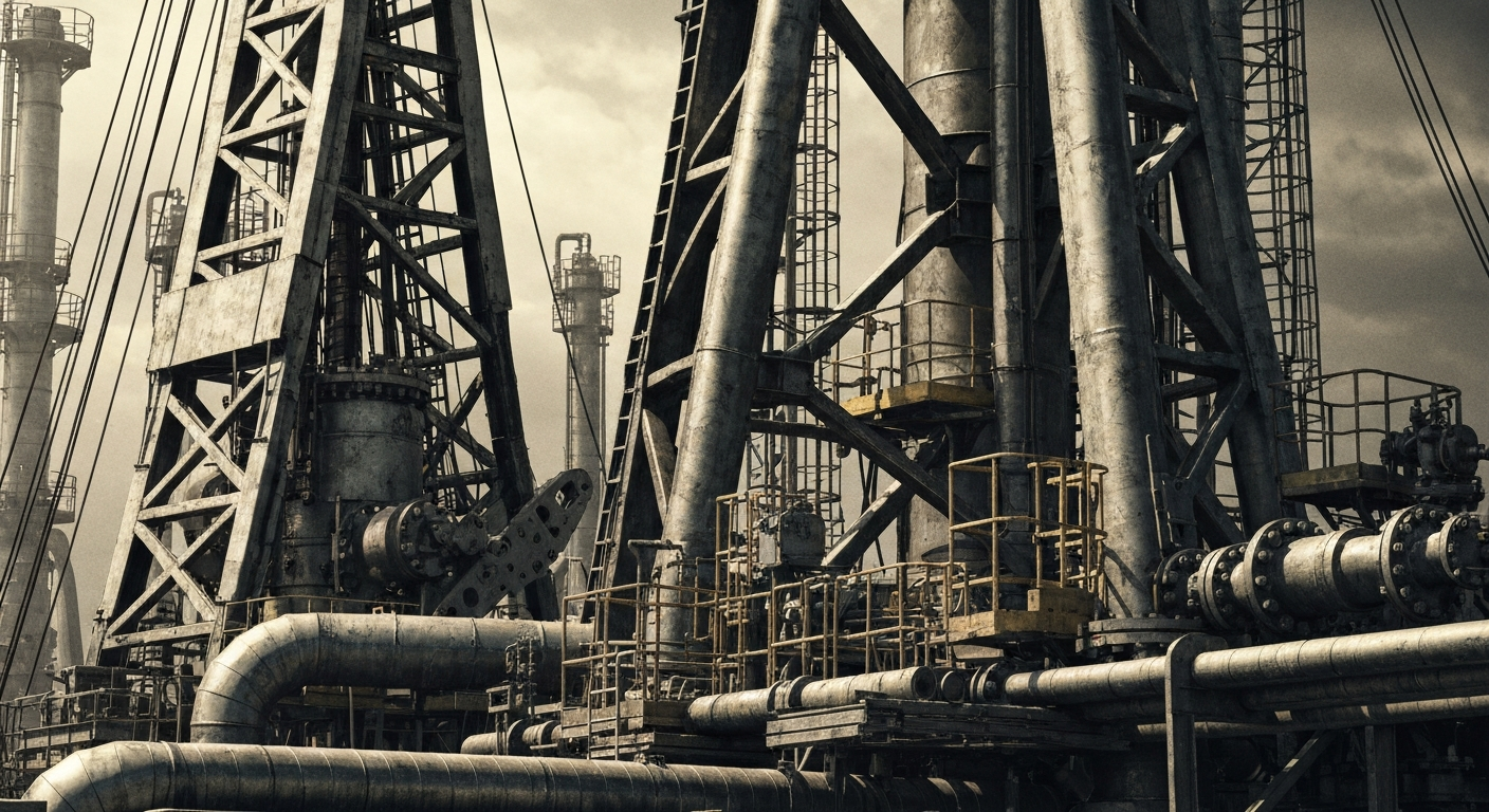 A highly detailed, cinematic close-up of heavy industrial machinery and equipment used in the energy industry, such as oil and gas drilling rigs or refinery equipment, conveying the scale and power of Expand Energy's operations.