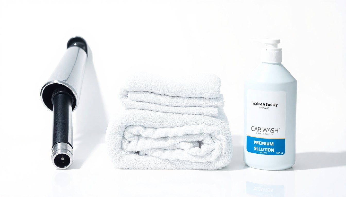A photorealistic studio still life featuring a chrome car wash nozzle, stack of microfiber towels, and bottle of car wash solution, conceptually representing the high-end tools and products that enable Mister Car Wash's car cleaning services.