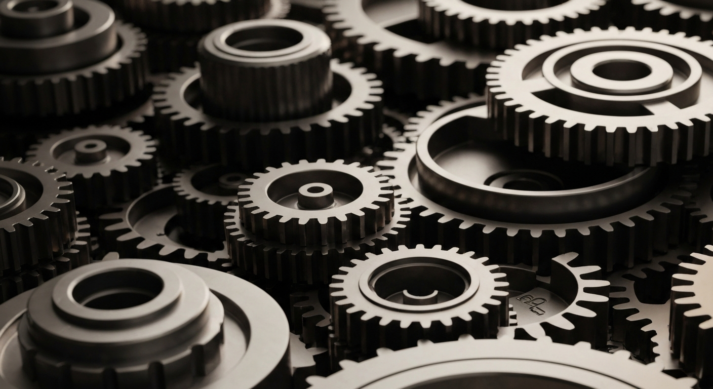 An extreme close-up of intricate, polished metal gears and machinery in shades of steel grey, bronze, and black, conceptually representing the complex financial technology powering Rambus' semiconductor solutions.