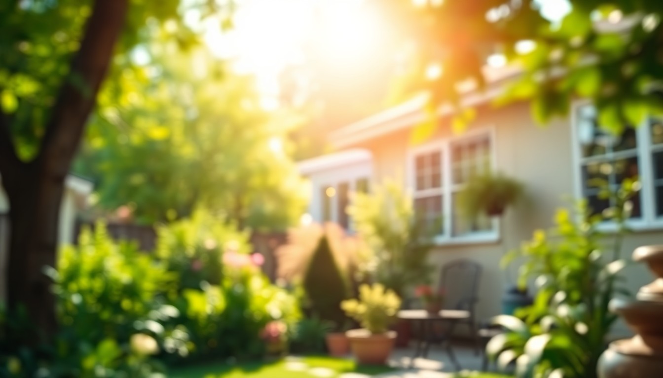 An extremely abstracted, out-of-focus photograph of a lush, green backyard with a glimpse of a single-story home in the background, conveying a sense of peaceful, domestic tranquility.