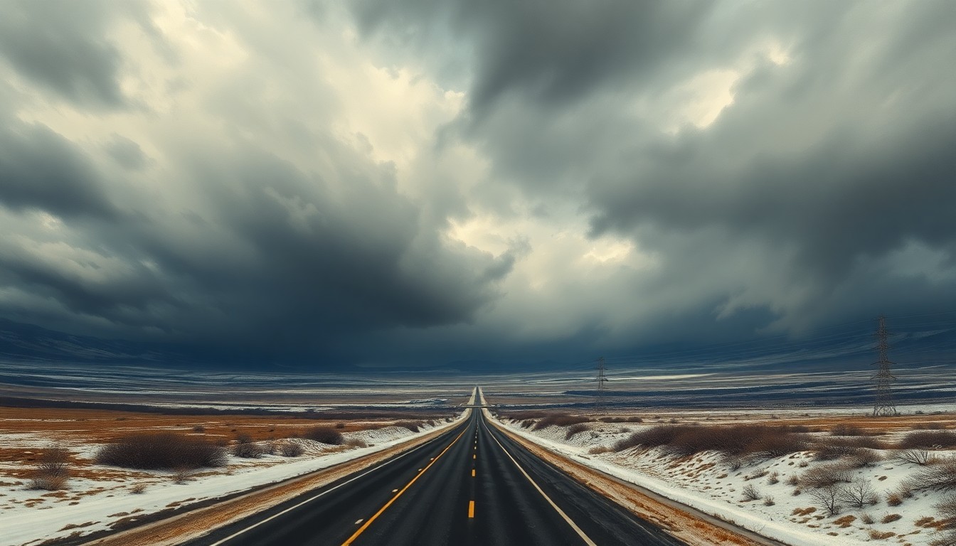 A dramatic, atmospheric landscape painting in muted tones of gray, blue, and white, depicting a winding highway cutting through a vast, desolate countryside under a heavy, ominous sky, conveying the overwhelming scale and power of the approaching weather system.