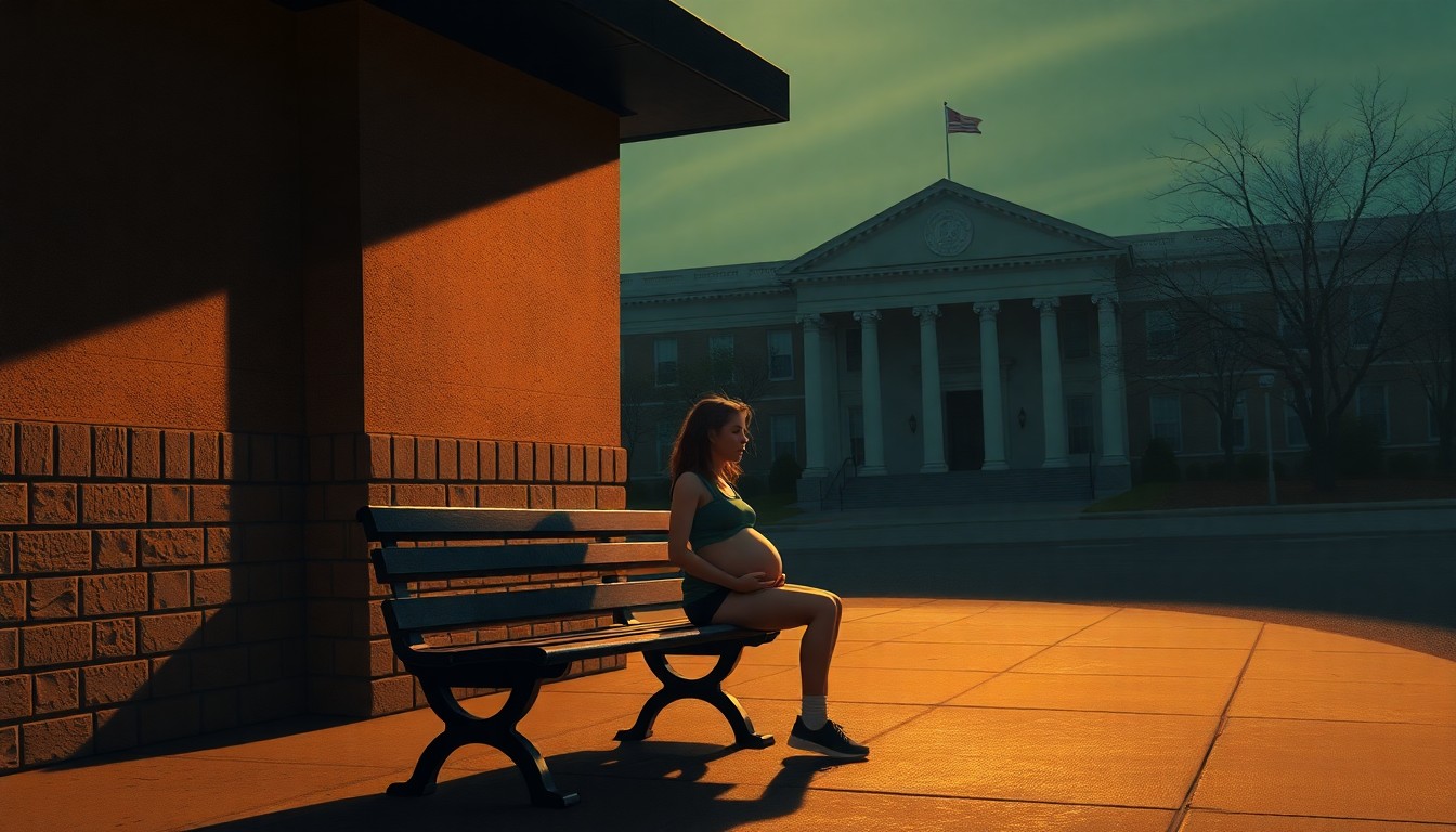 A pensive, solitary figure of a young pregnant woman sitting on a bench outside a plain government building, the scene bathed in warm, cinematic light and shadow evoking a sense of isolation and vulnerability.