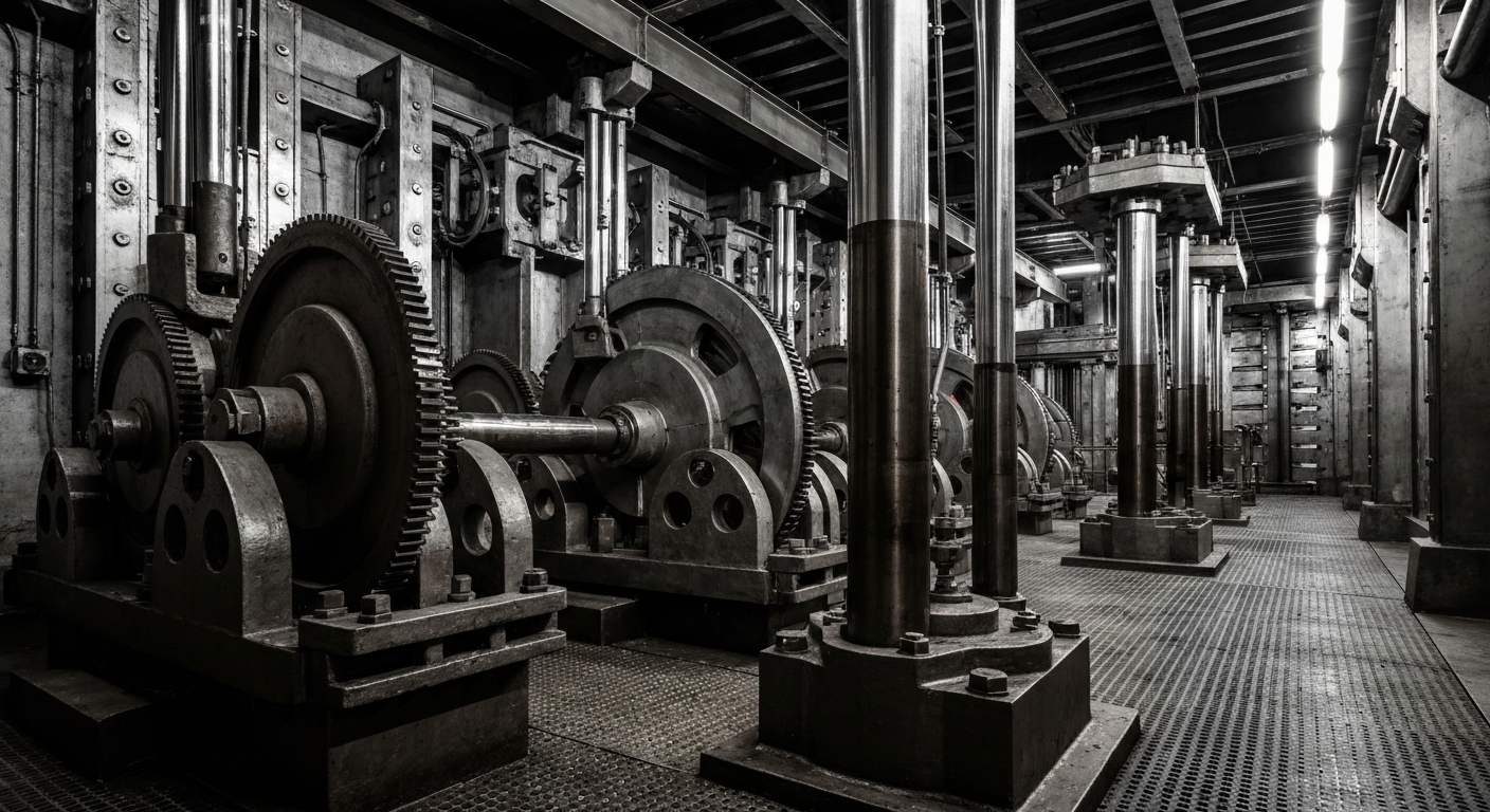An extreme close-up of the gears, levers, and mechanisms of heavy industrial banking equipment, conveying the complex and powerful forces at play in the financial markets.