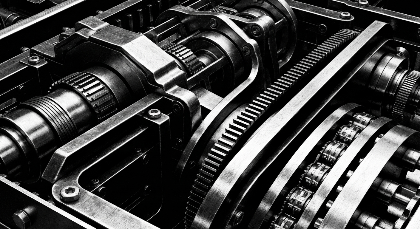A high-contrast, close-up image of a complex, industrial-looking financial mechanism, such as gears, levers, or electronic components, conveying a sense of the intricate infrastructure that underpins the financial system.