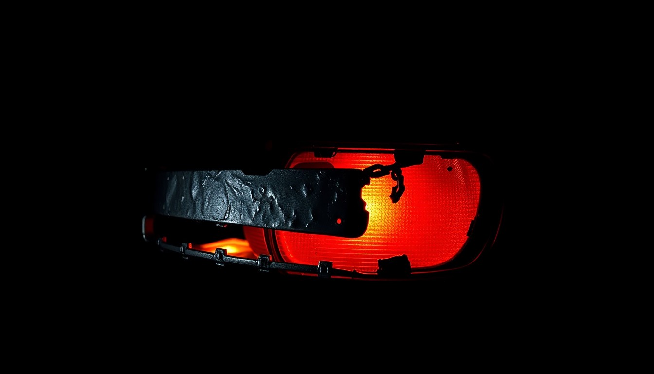 An extreme close-up photograph of a charred, twisted metal car part, capturing the gritty aftermath of an arson attack that damaged 11 NYPD vehicles.