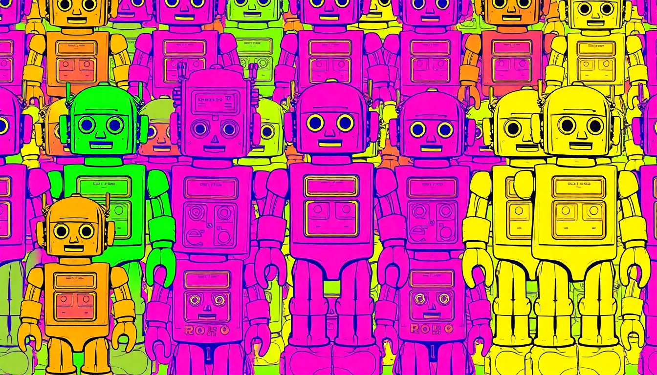 A high-contrast silkscreen print of a retro toy robot figure repeated in a grid, rendered in a bold, neon color palette that captures the energy and excitement of the annual collectibles event.