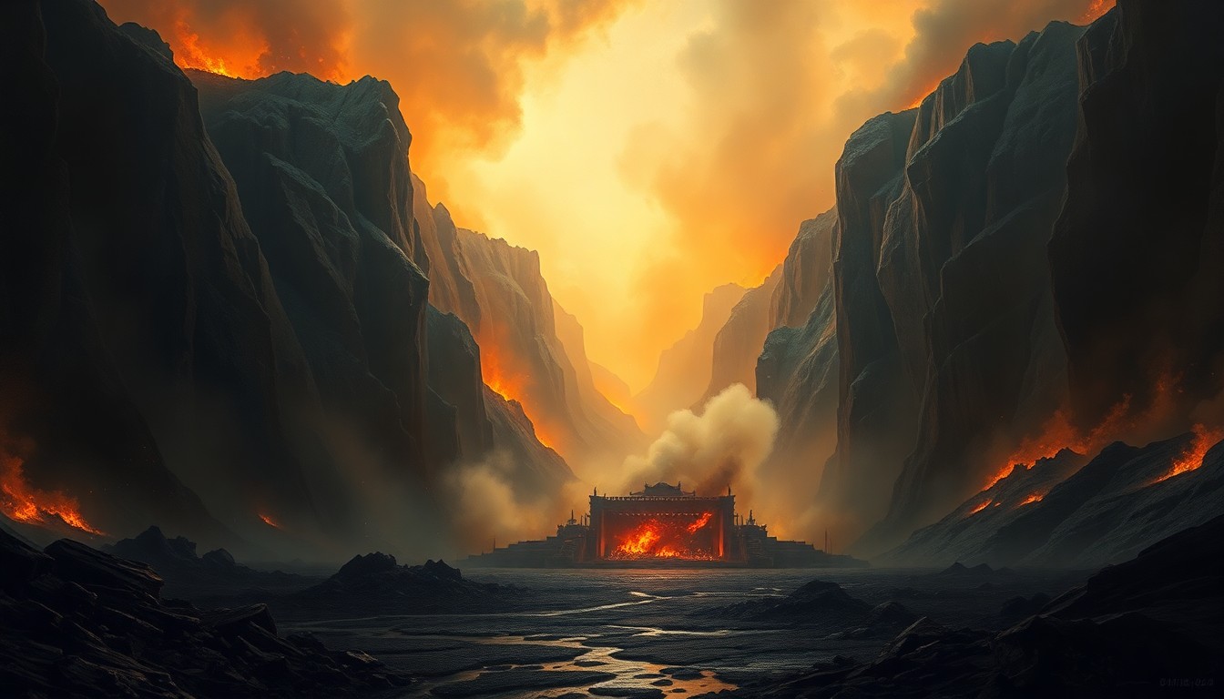 A vast, atmospheric landscape painting depicting the charred remains of a building or event venue, dwarfed by the overwhelming power of a raging fire. The scene conveys a sense of the sublime, with the natural elements asserting their dominance over the man-made structure.