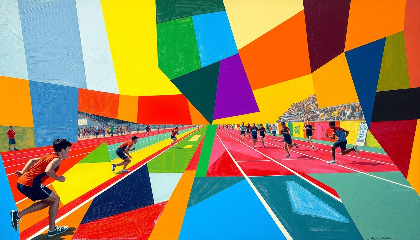 A cubist-style painting depicting a high school track and field event, with overlapping geometric shapes in bright primary colors representing the various events and competitors.
