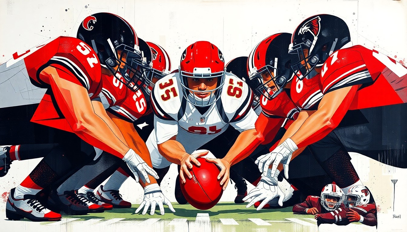 A cubist, geometric painting in the Falcons' team colors depicting the fractured, overlapping planes of an offensive line, conceptually representing the void left by McGary's departure.