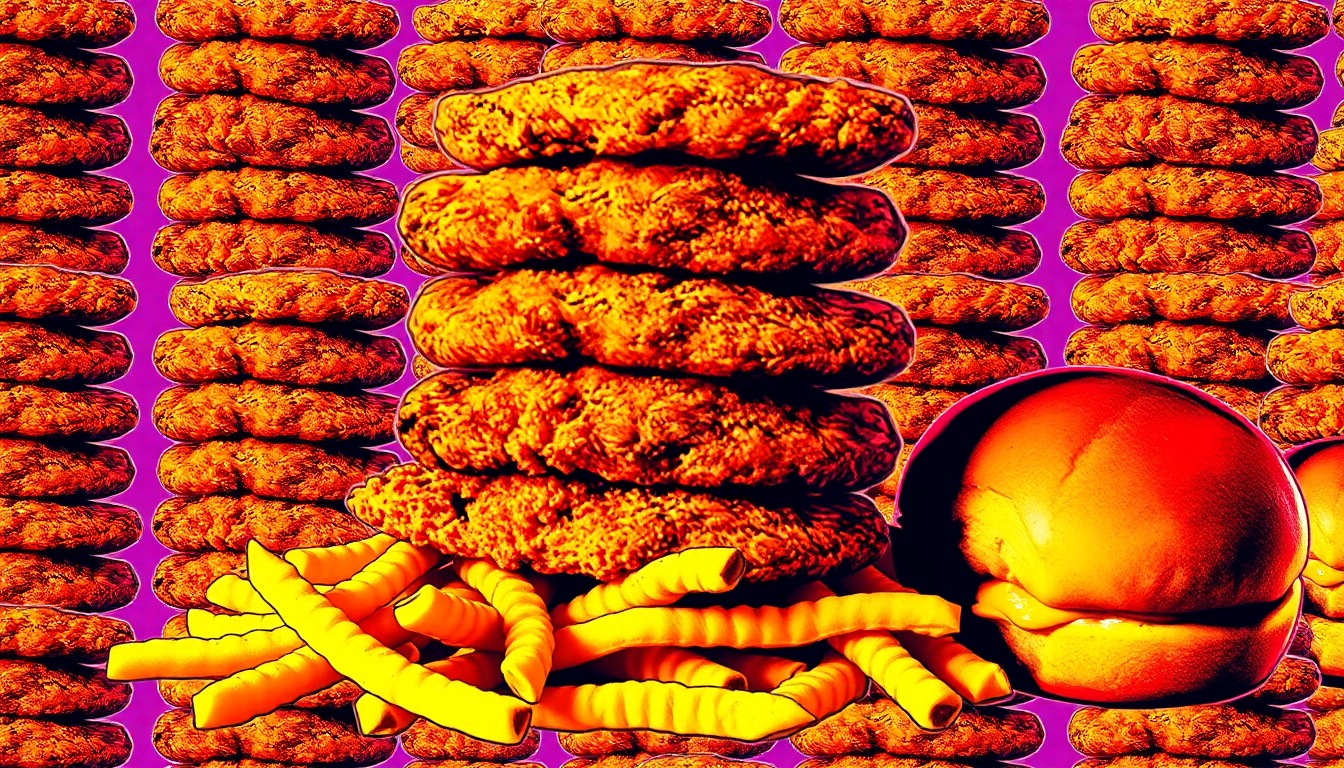 A brightly colored, high-contrast silkscreen print of a stack of 3 golden-fried chicken tenders, a pile of seasoned crinkle fries, and a hot buttered yeast roll, repeated in a tight grid pattern to create a modern pop art representation of a comfort food meal deal.