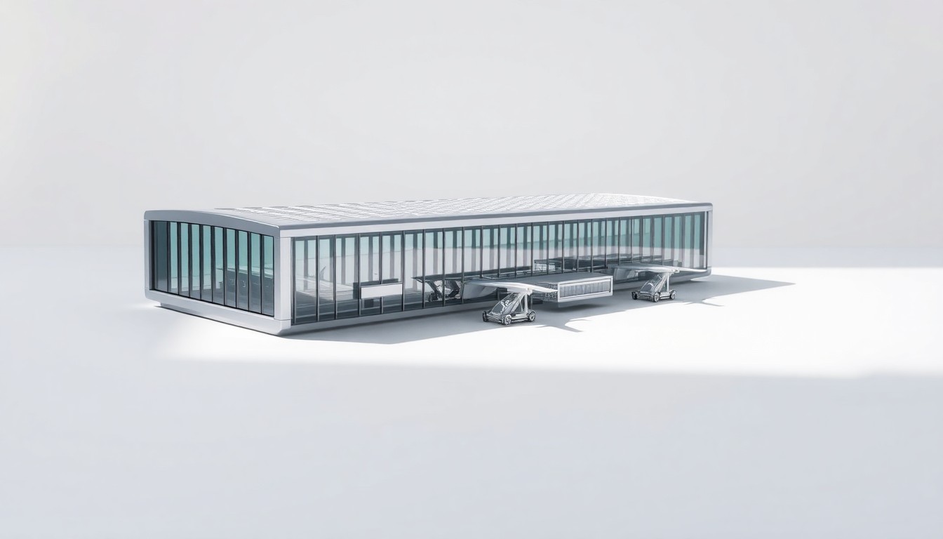 A high-end, photorealistic studio still-life photograph featuring a sleek, modern airport terminal model made of polished aluminum and glass, floating on a clean white background and backlit to create dramatic shadows, conceptually representing the abstract corporate strategy and financial considerations behind the airport expansion project.