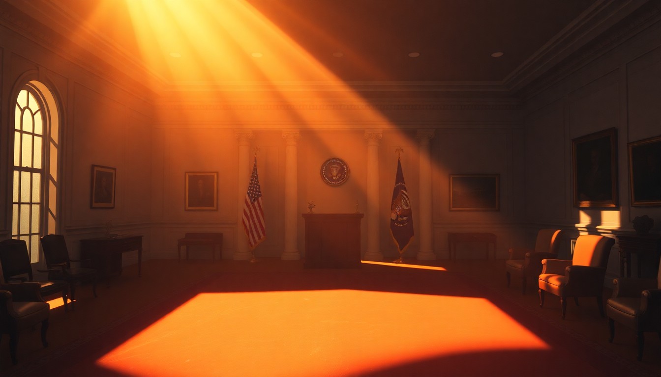 A dimly lit, cinematic painting of an empty White House press room, with warm sunlight streaming in through the windows and deep shadows casting an air of uncertainty over the space, conceptually representing the lack of clarity surrounding the former president's victory claims.