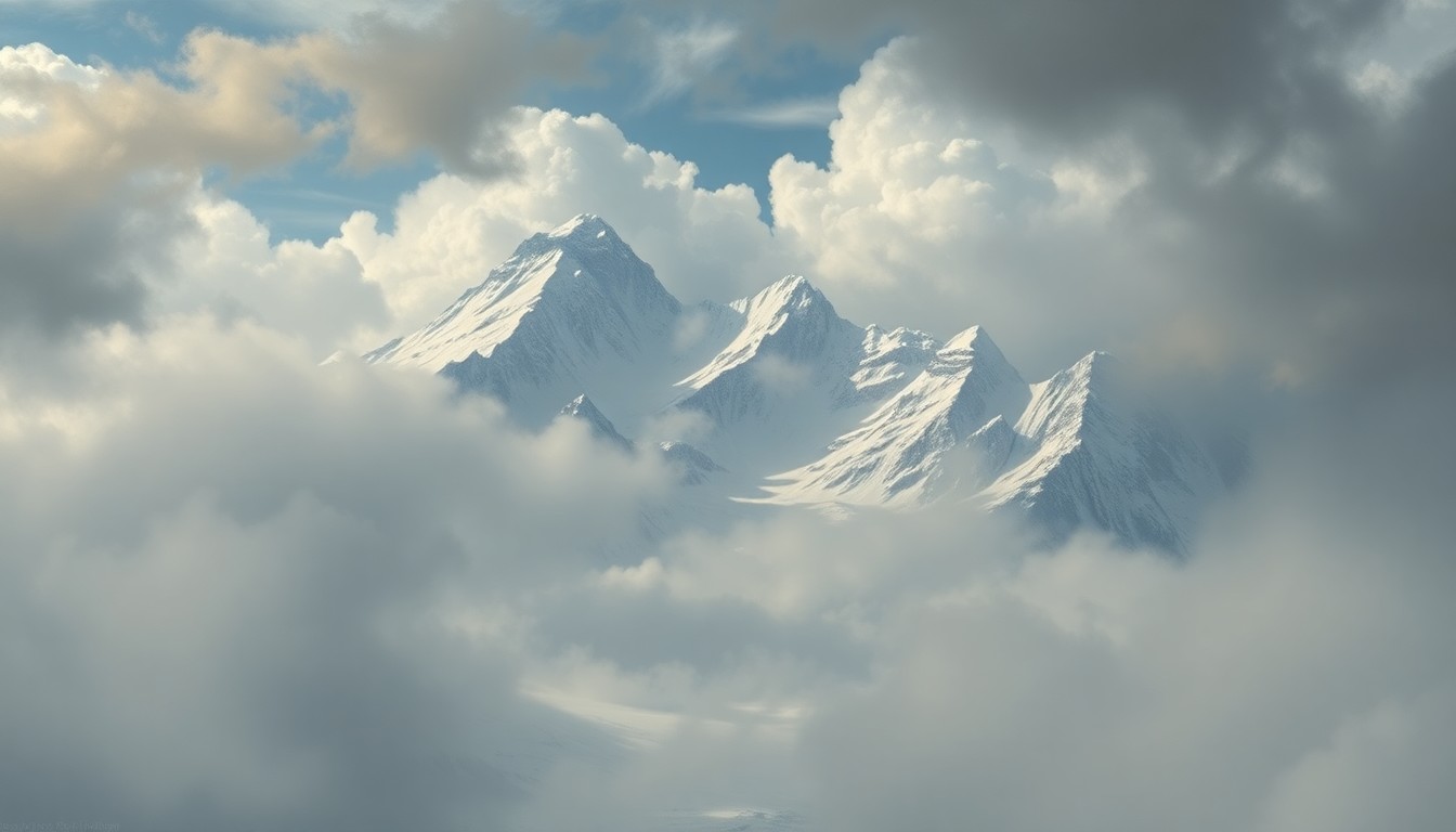 A sweeping, atmospheric landscape painting in muted tones of gray, white, and blue, depicting a snow-covered mountain range shrouded in heavy fog and swirling clouds, conveying the overwhelming scale and power of the natural world.