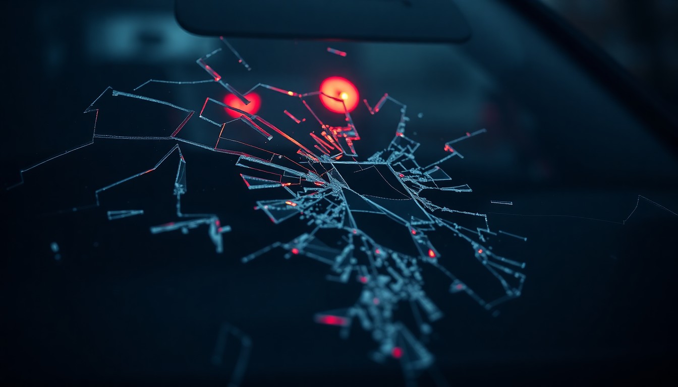 An extreme close-up photograph of a shattered car windshield reflecting a faint red light, conceptually illustrating the violence of the alleged hammer attack.