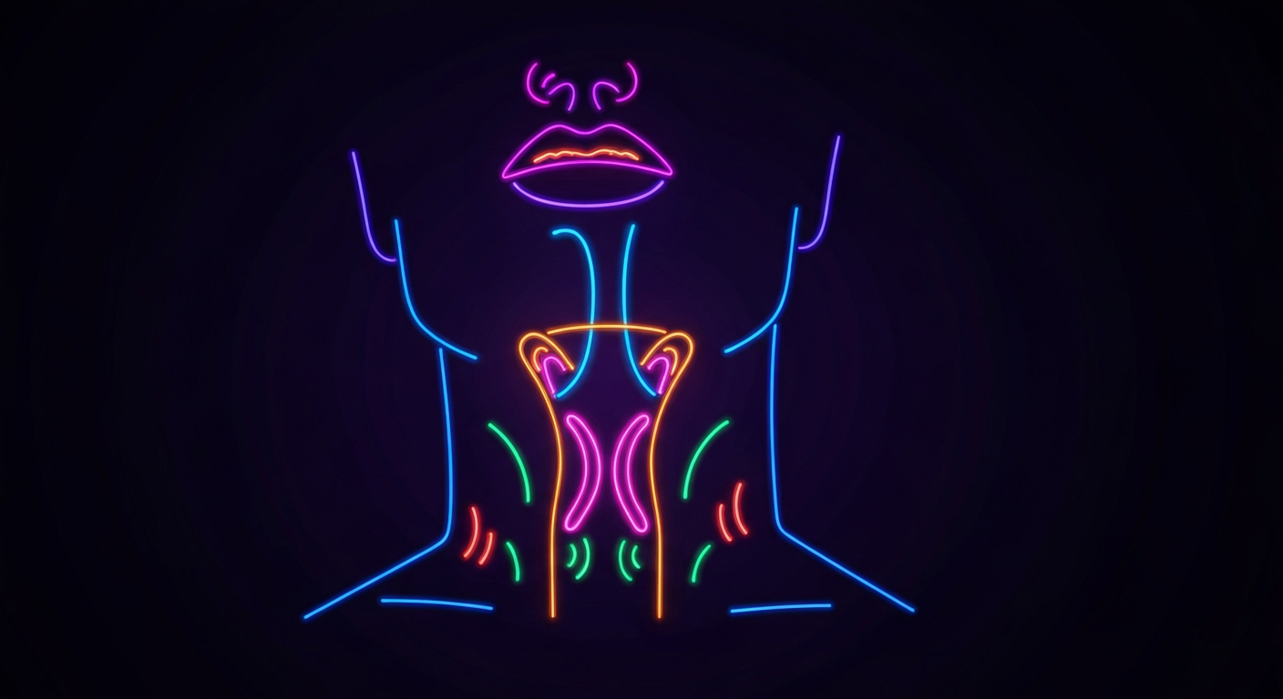 A minimalist neon outline illustration depicting the human throat and vocal cords, symbolizing the importance of vocal health and the need to care for our voices.